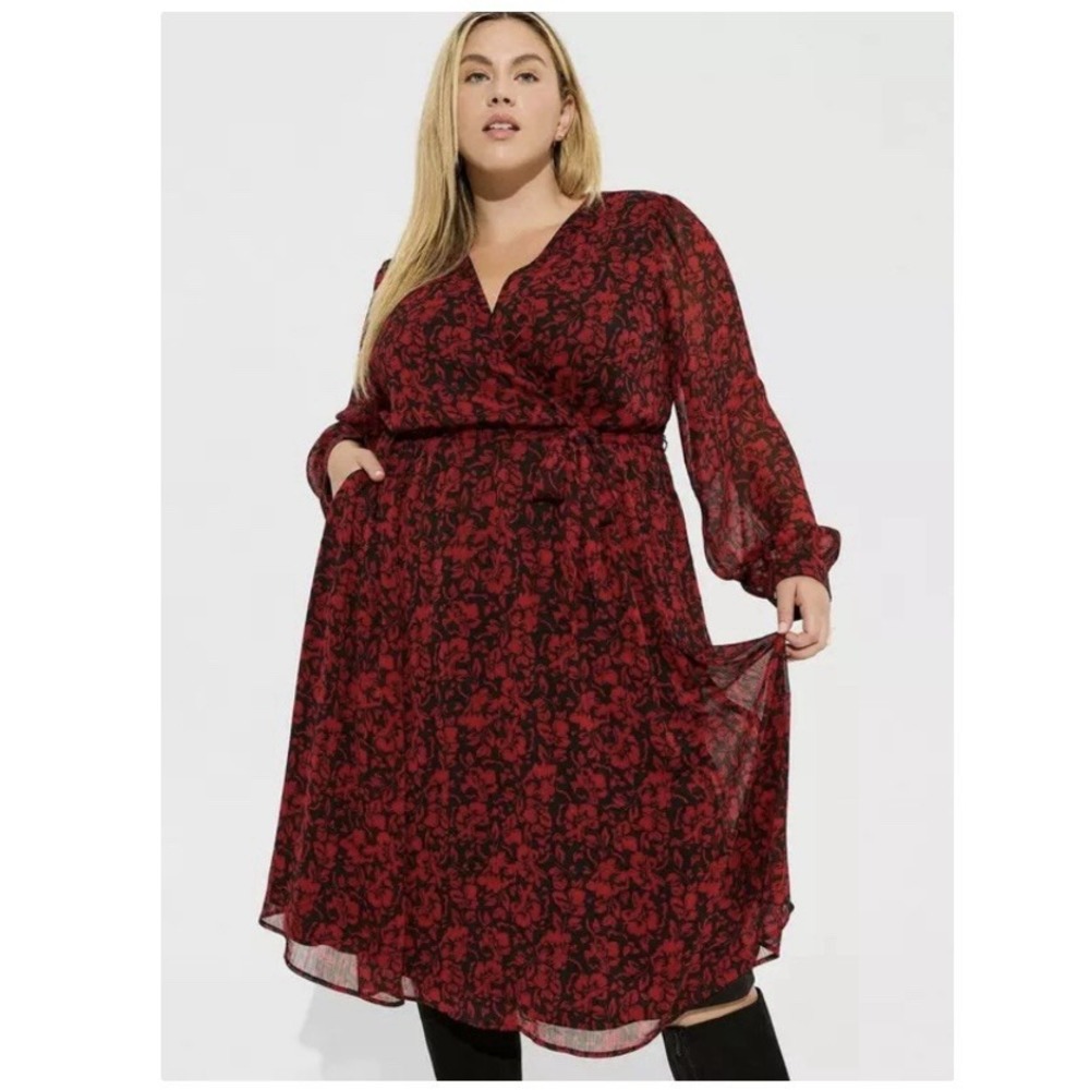 Torrid Red Black Floral Crinkle Chiffon Surplice Balloon Sleeve Midi Dress 2X